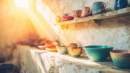 Colorful pottery displayed on a shelf in a sunlit room during the day