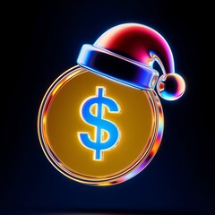 Futuristic neon dollar coin with santa hat