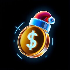 Futuristic neon dollar coin with santa hat