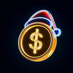 Futuristic neon dollar coin with santa hat