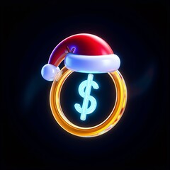 Futuristic neon dollar coin with santa hat