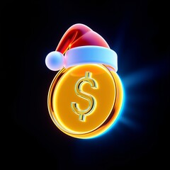 Futuristic neon dollar coin with santa hat