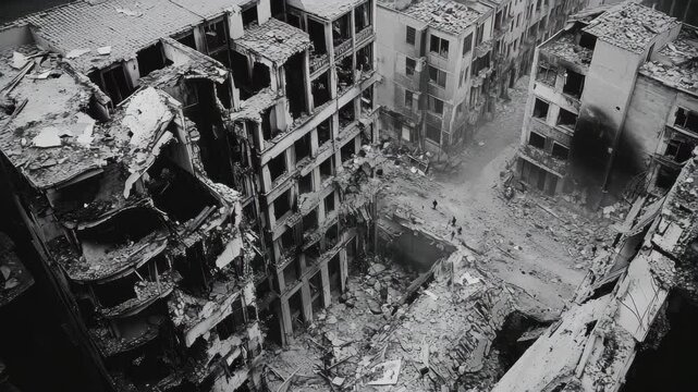 Destruction and devastation of multistory buildings in an urban area after a catastrophic event, A close-up view of multi-story buildings destroyed by an aerial bombing during war and conflict