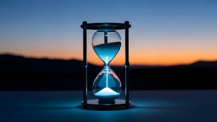 Hourglass with blue glowing sand against a twilight sky and blurred mountains sand timer time