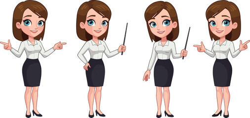 Set of professional brunette businesswoman character in office attire with various poses, using a pointer, gesturing, and smiling for corporate marketing