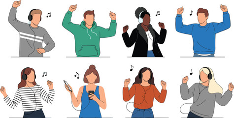 Diverse group of happy young people wearing headphones listening to music on smartphones and dancing to their favorite songs together