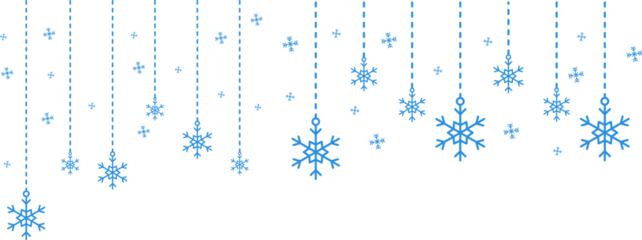 Snowflake Border Decoration Hanging blue winter border  Snowflake border frame transparent background cutout png Horizontal banner with pale sky blue snowflakes and stars framing a white background