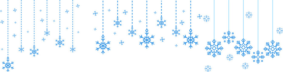 Snowflake Border Decoration Hanging blue winter border  Snowflake border frame transparent background cutout png Horizontal banner with pale sky blue snowflakes and stars framing a white background