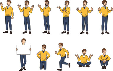 Set of young businessman character in various poses, waving, talking on phone, holding blank sign, and showing thumbs up gestures