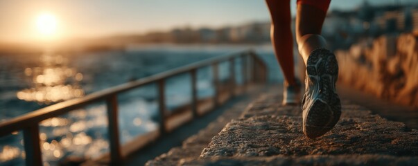 A runner in sportswear ascends seaside stairs at sunset, pushing through cardio and determination