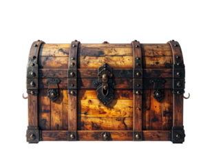 Rustic wooden chest, aged and detailed, metal bands and lock on black