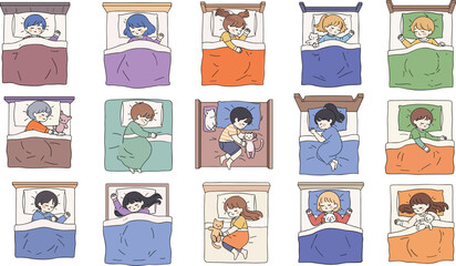 Set of cute children sleeping in beds with colorful blankets, comfortable pillows, and soft toys for bedtime routine and health