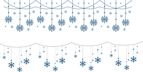Snowflake Border Decoration Hanging blue winter border  Snowflake border frame transparent background cutout png Horizontal banner with pale sky blue snowflakes and stars framing a white background