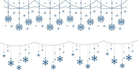 Snowflake Border Decoration Hanging blue winter border  Snowflake border frame transparent background cutout png Horizontal banner with pale sky blue snowflakes and stars framing a white background