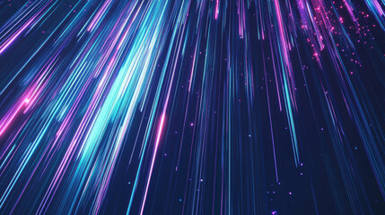 Abstract digital stream of neon light streaks in shades of blue and pink against a dark background, representing data flow