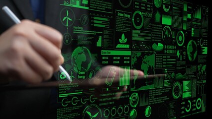 A modern businessman interacts with a futuristic touchscreen display, analyzing green energy data, statistics, and trends, highlighting sustainable business practices and innovation. Cipher