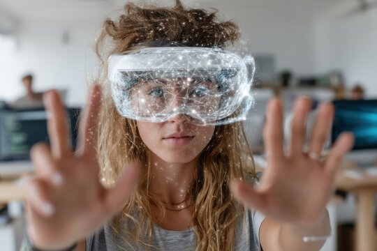 Woman wearing VR goggles in an office, exploring futuristic technology and focused digital work