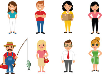 Flat vector cartoon character set featuring diverse people including a fisherman, a delivery woman with a box, and office professionals.
