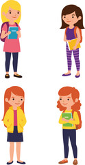 Flat vector cartoon student characters featuring young girls with backpacks and notebooks for school, education, and back to school concepts.