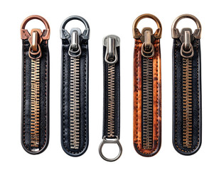 Five metallic zipper heads and pulls on a black background, various finishes