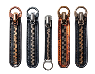 Five metallic zipper heads and pulls on a black background, various finishes
