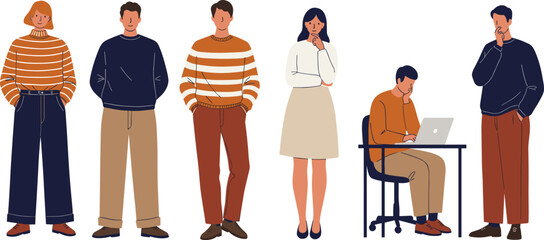 Flat vector people set featuring young professionals in casual autumn outfits, a man working on a laptop, and thinking poses.