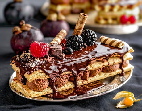 Eine k&ouml;stliche Mille-Feuille aus knusprigem dunklem Bl&auml;tterteig auf einem auf einem nostalgischen Dessertteller mit fl&uuml;ssiger Schokolade &uuml;berzogen und mit dunkler Schokoladenmousse gef&uuml;llt