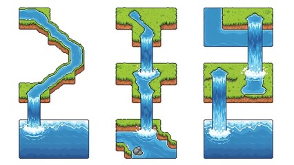 Pixel art water flow graphics with grass and water effects