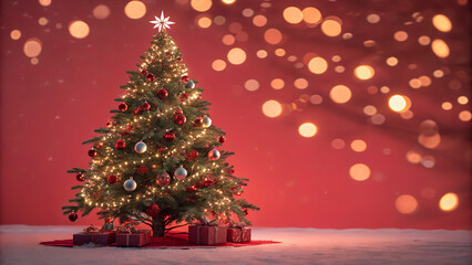 Christmas Tree With Ornament And Bokeh Lights In Red Background
