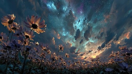 A field of flowers under a vibrant starlit sky.