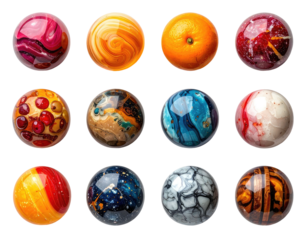 Array of colorful orbs, resembling fruit and decorative spheres
