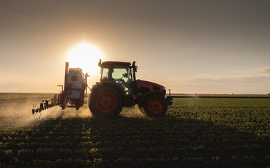 Tractor spraying crops in a lush green field at sunset.