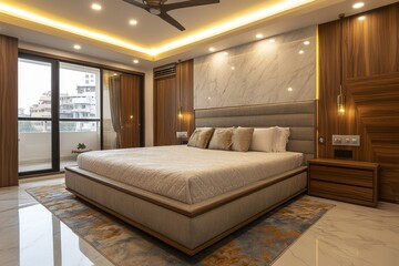 Concrete and wooden master bedroom interior designed for a sophisticated yet inviting bedroom layout, Generative AI