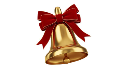 Golden bell with red ribbon on white background