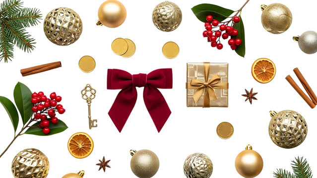 Festive christmas decoration elements arranged on white background
