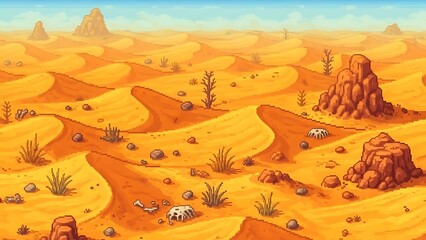 Vibrant desert landscape with rocky outcrops and sparse vegetation