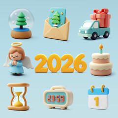 3D Vector Happy New Year 2026 Holiday Icon Set Illustration