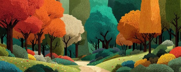 Fototapeta premium Autumn forest scene with colorful trees and a winding path in a tranquil vector illustration