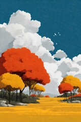 Fototapeta premium Autumn landscape with colorful trees lining a golden field under a blue sky