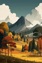 Naklejka premium Autumn mountain landscape with colorful trees, golden meadows, and expansive sky under dramatic clouds