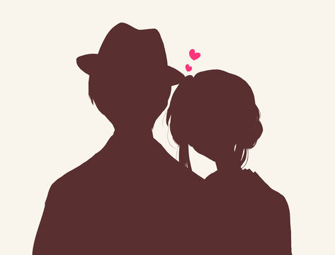 寄り添う着物を着た男女　帽子　恋愛　バストアップ　シルエット