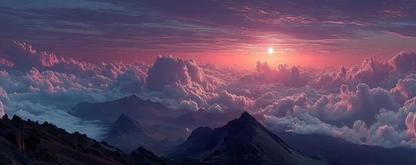 Sunrise over dramatic mountain range above pink clouds and glowing sky at dawn