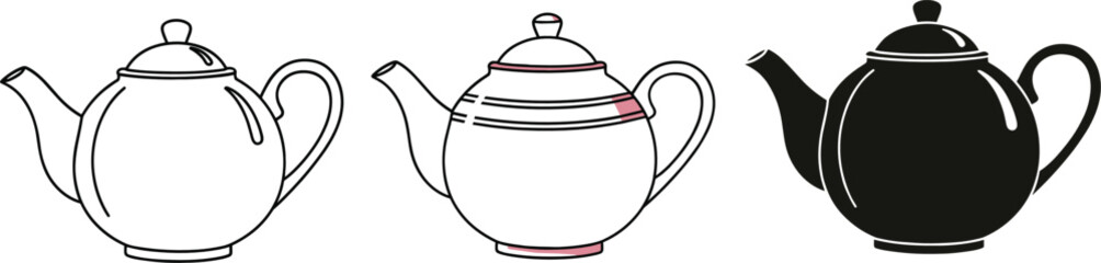 Teapot Illustration Set Showing Outline Colored and Silhouette Styles in Simple Elegant Flat Vector Design