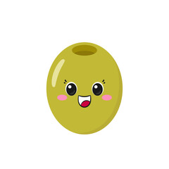Cute olive, fun cartoon character, happy smiling face, emotions joy delight, big eyes, kawaii style, flat vector illustration.