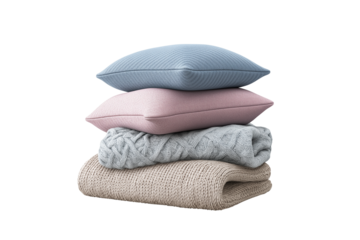 Pile of Soft Cushions with Blanket and Knitted Pillow Isolated on Transparent Background