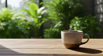 Coffee Cup on Wooden Table with Fresh Greenery Background in Caf&eacute; Environment