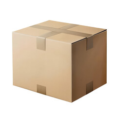Cardboard box with tape placed on a flat surface seen from a front view during daylight hours indoors