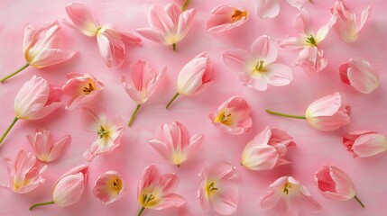 Delicate pink tulips scattered gracefully on a textured rose backdrop