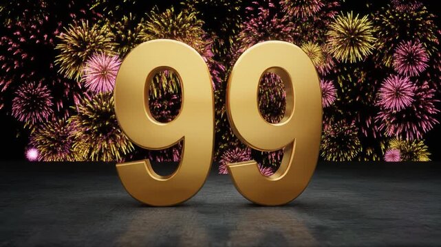 Gold number 99 with fireworks in the background. Festive scene for birthday or anniversary party