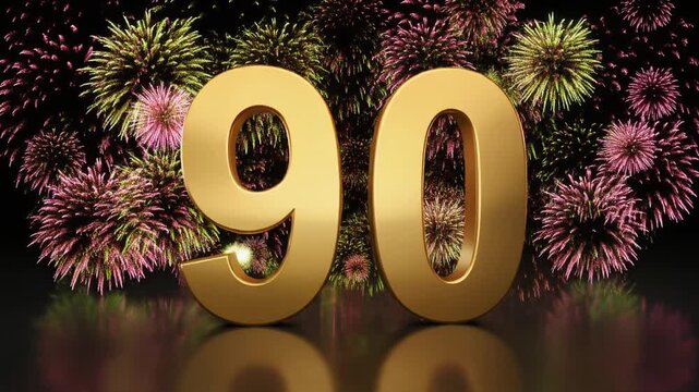 Gold number 90 with fireworks in the background. Festive scene for birthday or anniversary party